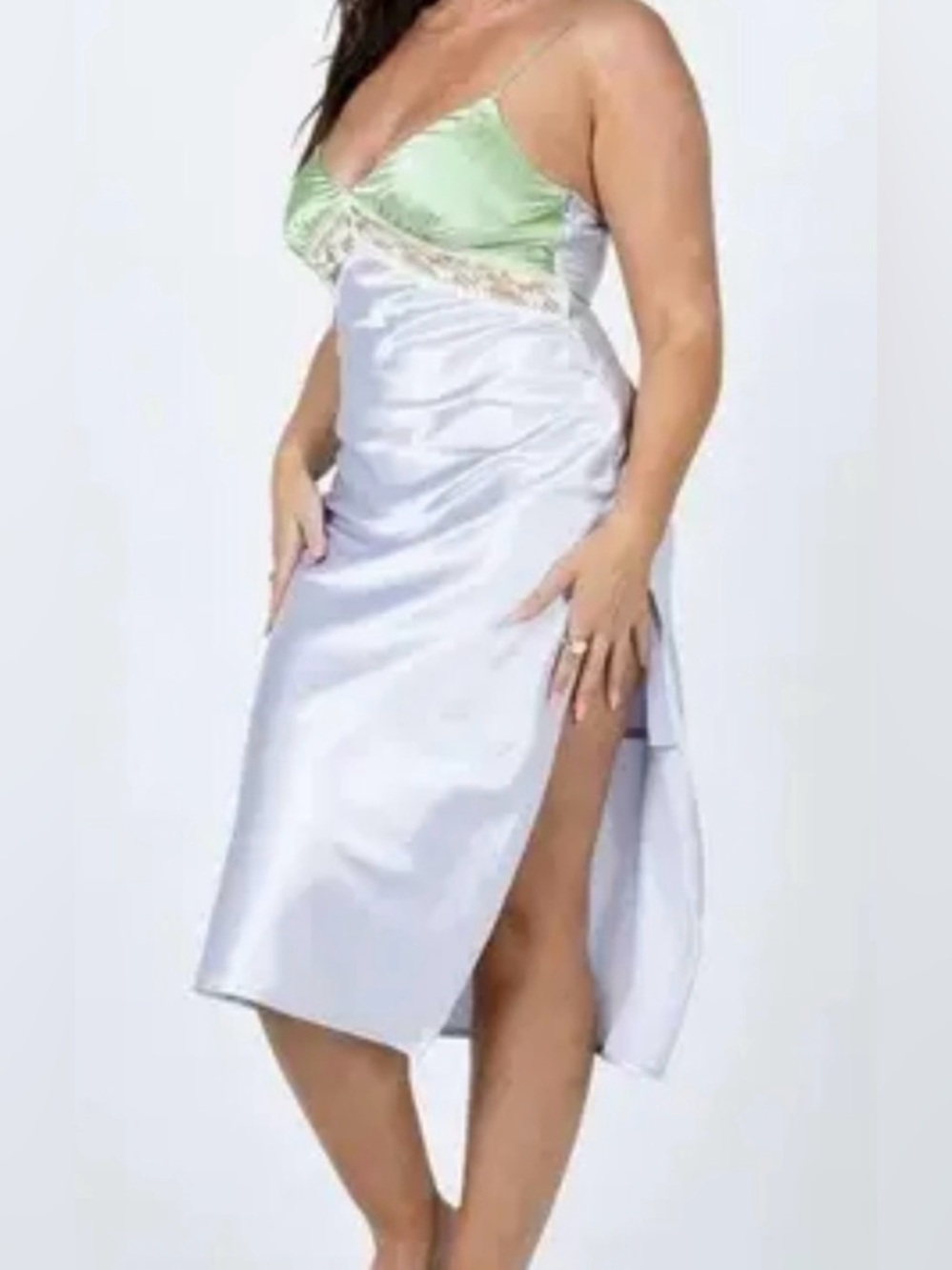 Princess Polly Green and Blue Midi Satin Chemise with Lace Trim, Sz 8